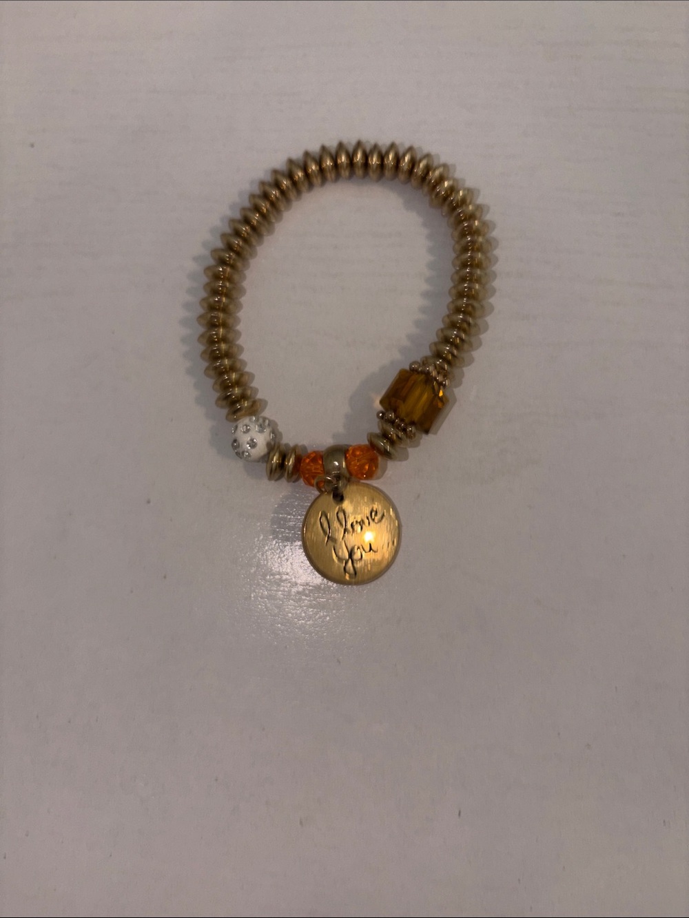 Gold-Tone 'Love You' Charm Bracelet with Amber Beads
